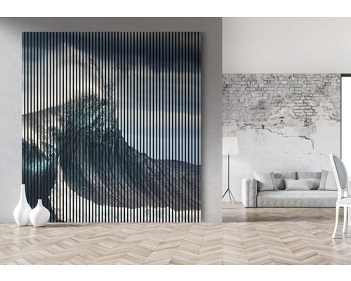 Dekoratívne stenové panely s abstraktnou grafikou v obývacej izbe