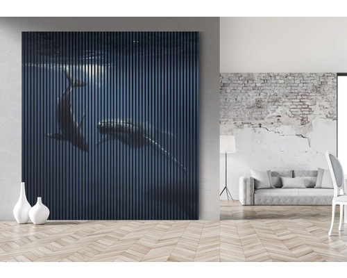 Dekoratívne stenové panely s motívom veľryby vo svetlej obývacej izbe