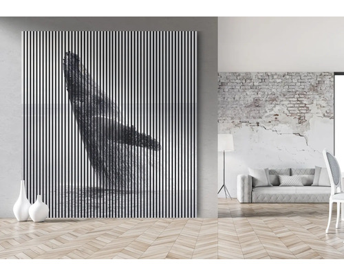 Obývacia izba s dekoratívnym nástenným obrázkom s motívom veľryby