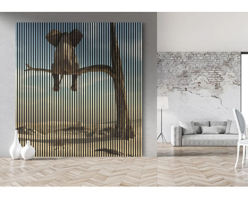 Nástenný obraz so slonom na strome, vertikálna lamelová štruktúra pre dekoratívne použitie v interiéri