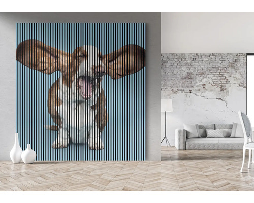 Dekoratívny nástenný obraz s motívom psa a lamelovou štruktúrou