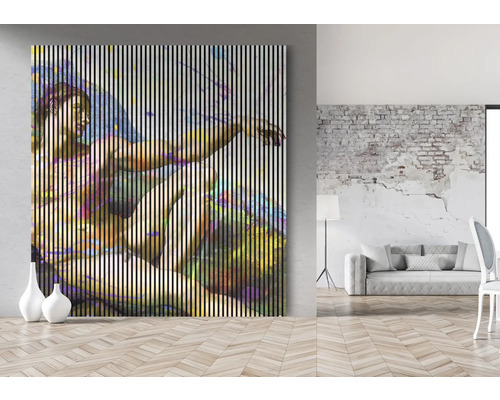 Obraz s abstraktným zobrazením biblickej scény v obývacej izbe