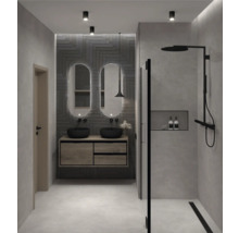 Moderná kúpeľňa s dvojitým umývadlom, zrkadlami, sprchou a osvetlením.