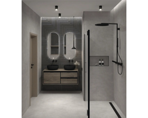 Moderná kúpeľňa s dvojitým umývadlom, zrkadlami, sprchou a osvetlením.