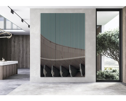 Interiérová scéna s akustickým panelom na montáž na stenu