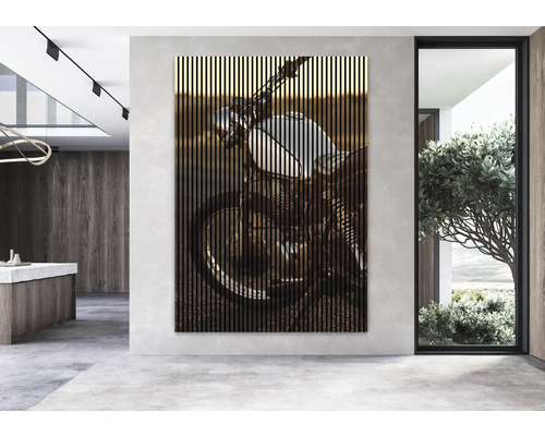 Dekoratívne stenové panely s motívom motocykla v modernom priestore