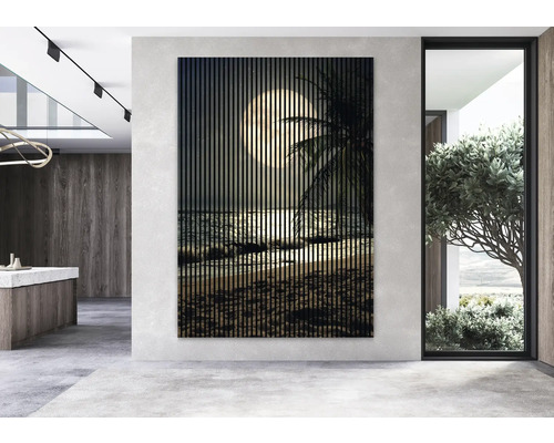 Dekoratívny obklad stien s motívom pláže v modernom obývacom priestore.