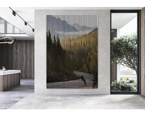 Dekoratívny stenový panel s horským motívom v modernom obývacom priestore