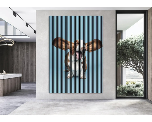 Dekoratívny nástenný obraz s motívom psa v modernom obývacom pokoji