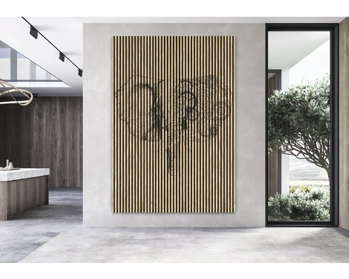 Drevený stenový panel s dizajnom slona v moderne zariadenej miestnosti