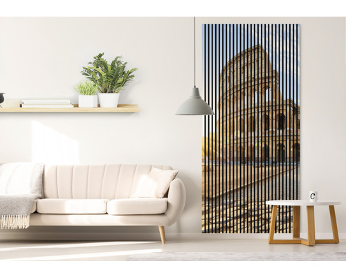 Obývacia izba s pohovkou, policou a akustickým obrazom s motívom Kolosea