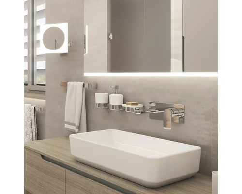 Kúpeľňové umývadlo s batériou, dávkovačom mydla a osvetleným zrkadlom