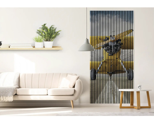 Obývacia izba s pohovkou, odkladacím stolíkom, policou a lamelovým obrazom s motívom lietadla