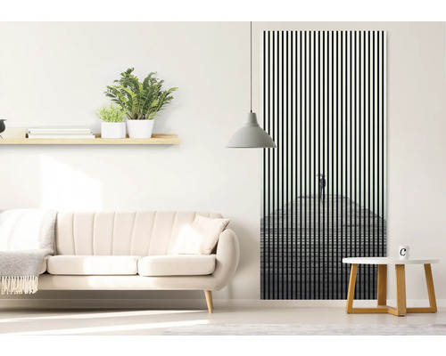 Obývacia izba s pohovkou, príručným stolíkom, nástennou policou s rastlinami a dverovým plagátom s pruhovaným vzorom a postavou