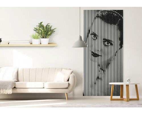 Obývacia izba s pohovkou, policou s rastlinami a nástennou maľbou s vertikálnymi pruhmi zobrazujúcimi tvár