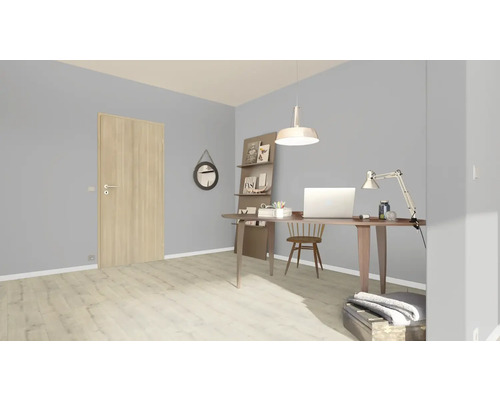 Moderná pracovňa so stolom, stoličkou, policami a dverami