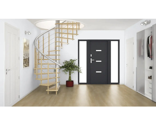 Svetlá hala so špirálovým schodiskom, vchodovými dverami a šatníkovou skriňou.