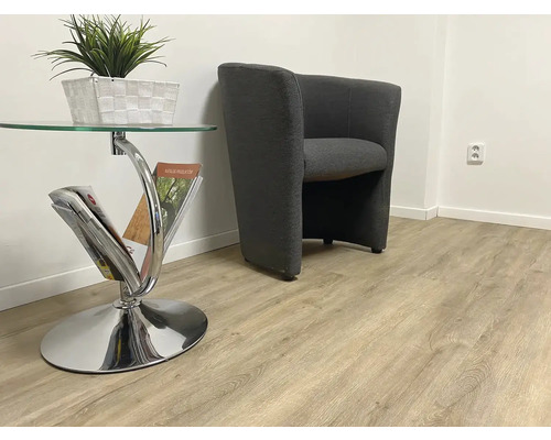 Scéna s kreslom, odkladacím stolíkom s držiakom na časopisy a črepníkovou rastlinou