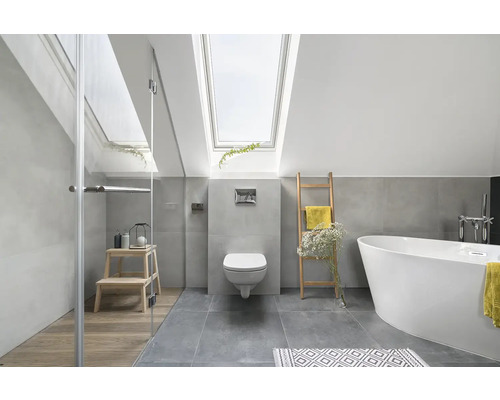 Moderná kúpeľňa so sprchou, vaňou, toaletou a strešným oknom