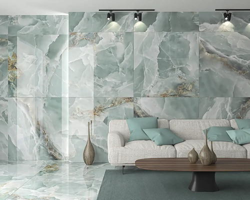 Obývacia izba s veľkoformátovými obkladmi stien a podláh s mramorovým vzhľadom a zodpovedajúcim nábytkom