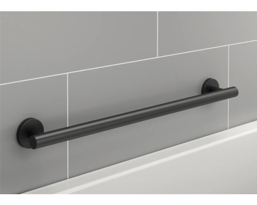 Čierna kúpeľňová tyč na montáž na stenu na šedej stene