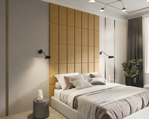 Spálňa s panelovou stenou, posteľou a nočným stolíkom