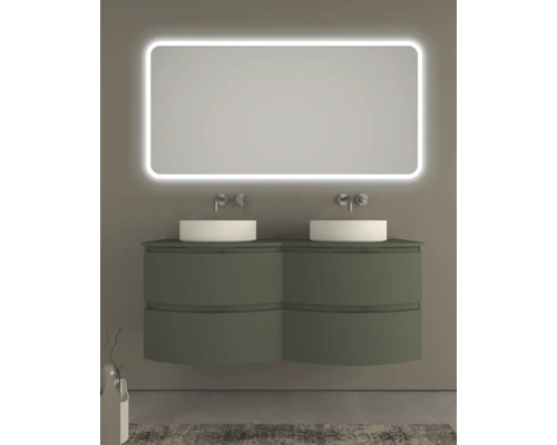 Kúpeľňa s dvojitým umývadlom, umývadlami na dosku a osvetleným zrkadlom