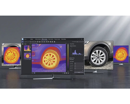 Viaceré monitory zobrazujú termografický analytický program pre pneumatiky automobilov.