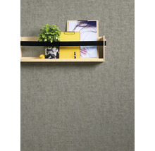 Drevená polica s rastlinou a kancelárskymi potrebami na stene