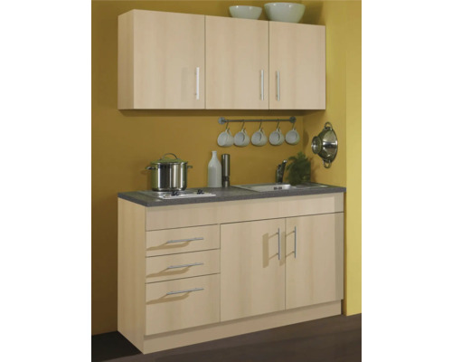 Kuchynská linka s hornými skrinkami, drezom, varnou doskou a zásuvkami