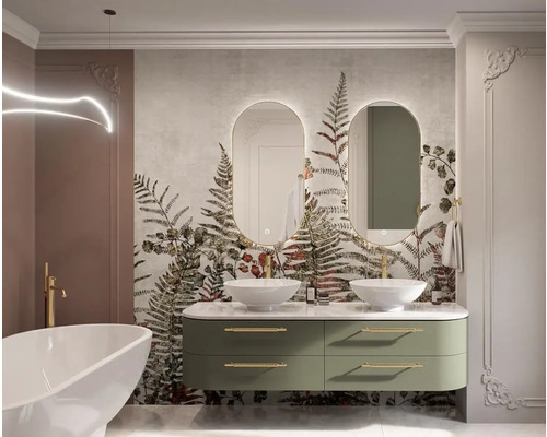 Svetlá kúpeľňa s dvojitým umývadlom, oválnymi zrkadlami a kvetinovou tapetou