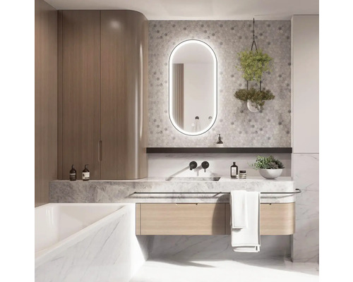 Kúpeľňa s umývadlom, osvetleným zrkadlom, závesnou rastlinou a vaňou