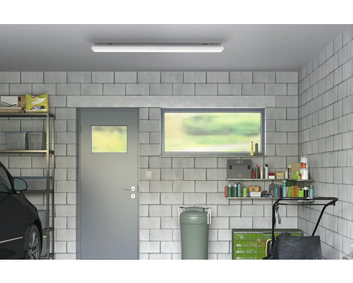 Garáž s regálmi, dverami, oknom a stropným svetlom.