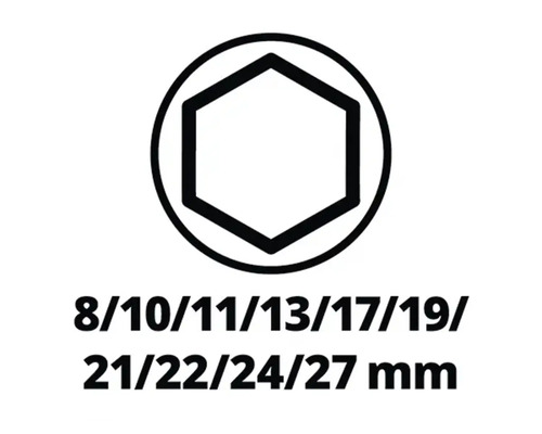 Šesťhranný kľúč, údaje o veľkosti 8/10/11/13/17/19/21/22/24/27 milimetrov