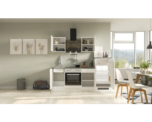 Kompletná kuchynská linka s drezom, sporákom, rúrou, digestorom a chladničkou vo svetlej kuchyni.