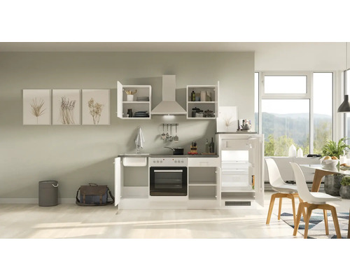 Kompaktná kuchynská linka s drezom, sporákom, rúrou, digestorom a chladničkou v jasnej, modernej kuchyni.