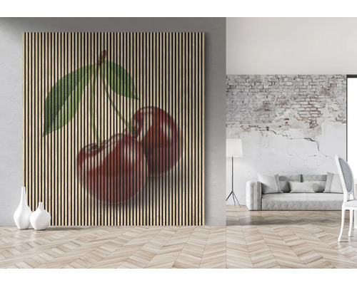 Nástenný obraz s motívom čerešní, drevené panely v obývacej izbe