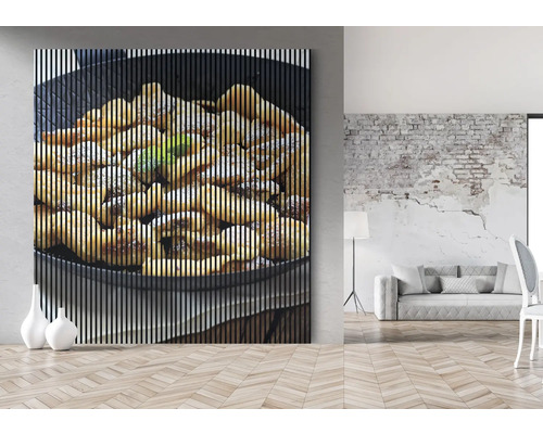 Dekoratívny nástenný obraz s motívom jedla v modernom obývacom prostredí