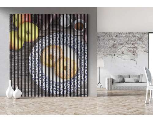 Lamelový obraz s ovocím a pečivom na stole