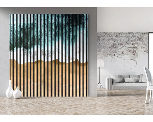 Obývacia izba s nástenným panelom v dizajne dreva a abstraktným vzorom