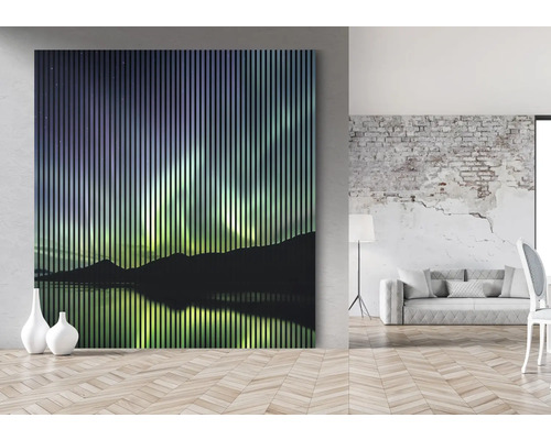 Dekoratívny nástenný obraz s motívom polárnej žiary a zvislými líniami