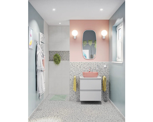 Dlažba teraco Flakemix Terrazzo lightgrey 60x60 cm Kúpeľňa s umývadlom, zrkadlom a radiátorom