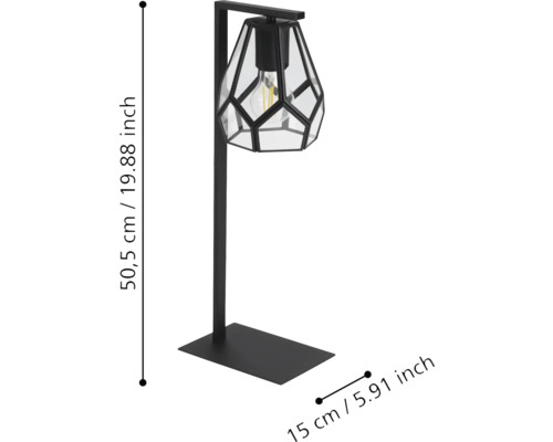 Stolná lampa s geometrickým tienidlom s rozmermi 50,5 cm výšky a 15 cm hĺbky.