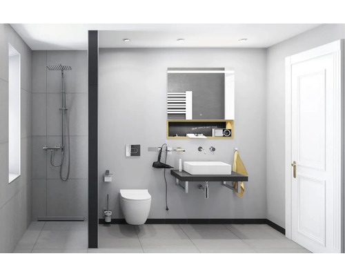 Kúpeľňa so sprchou, toaletou, umývadlom a zrkadlovou skrinkou.