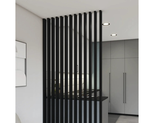 Delič izby z čiernych drevených lamiel v moderne zariadenej izbe