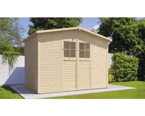 Drevený záhradný domček s dvojkrídlovými dverami a oknami