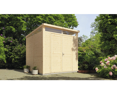 Záhradný domček z dreva s dvojkrídlovými dverami a svetlíkmi