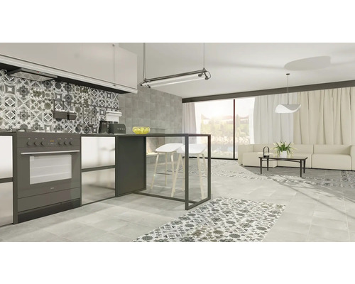 Svetlá obývacia izba s kuchynským kútom, kuchynským ostrovom, dláždenou podlahou a posedením