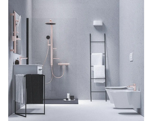 Moderná kúpeľňa so sprchou, umývadlom, držiakom na uteráky, rebrinovým regálom a toaletou.