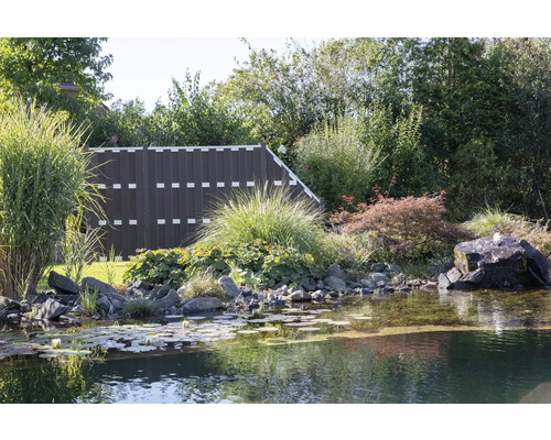 Záhradná scéna s jazierkom, rastlinami a plotom